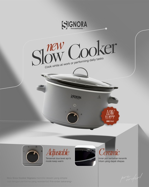 A clean, studio-lit 4:5 ad creative showcasing a gray slow cooker with clearly labeled product benefits and a soft, neutral color palette.
