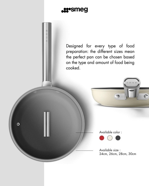 A clean, high-contrast ad featuring a non-stick pan from top-down and side angles, highlighting size variations and available color options.