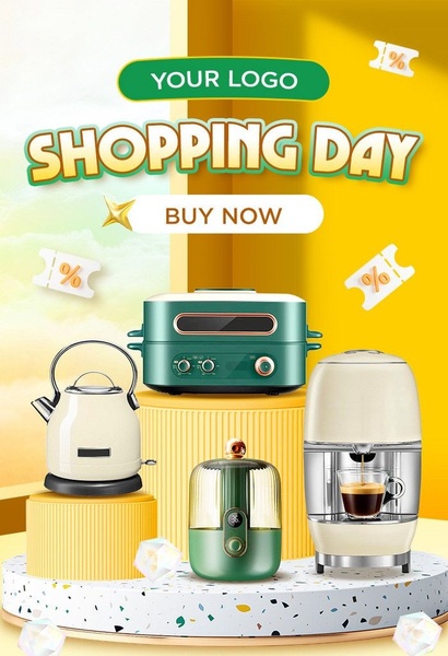 A clean, high-contrast studio product advertisement showcasing various kitchen appliances on a podium with a shopping sale theme.