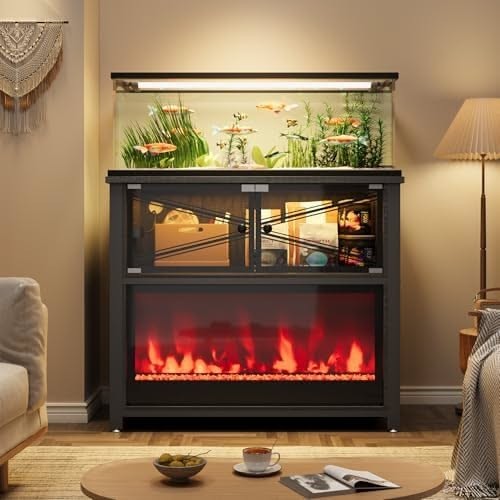 A high-end product hero shot showcasing an aquarium tank mounted on a stylish cabinet that features a built-in electric fireplace.
