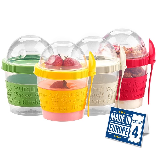 A clean, high-contrast display of four colored breakfast cups with spoons against a white background, highlighting a 'Made in Europe' quality seal.
