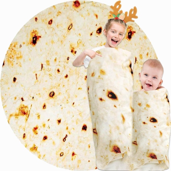 A playful, high-contrast creative featuring a child and infant wrapped in a realistic tortilla blanket, utilizing a whimsical holiday theme.