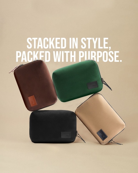 travel pouches, toiletry bags, cosmetic bags, travel cases, organizer bags, tech pouches, small bags, product launch, brand awareness, minimalist, calm, trustworthy, neutral, brown, green
