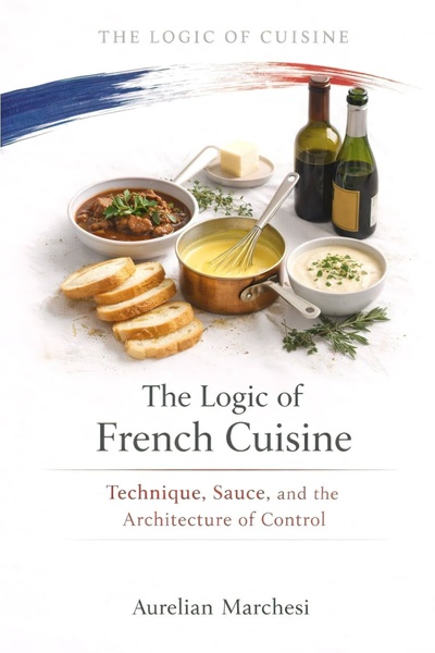 A high-end, clean product hero shot of a cookbook titled The Logic of French Cuisine, surrounded by culinary elements like wine, butter, and prepared dishes.