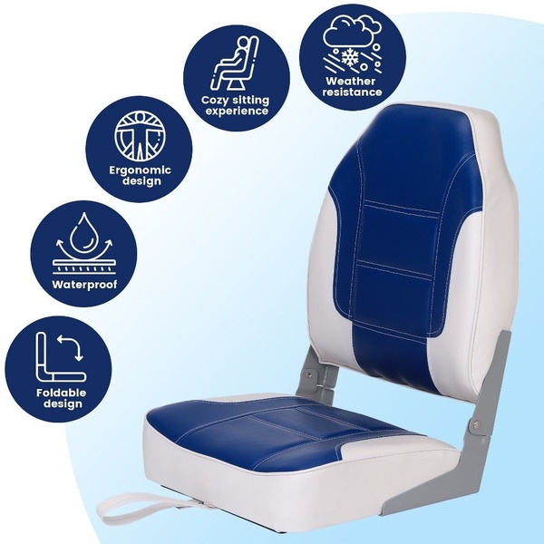 A clean, informative product ad for a folding boat seat that uses circular iconography to clearly communicate key functional benefits.