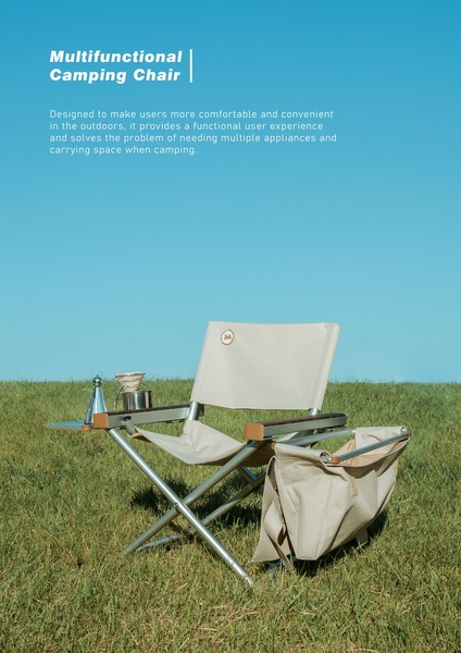 A clean, minimalist product shot of a multifunctional camping chair placed in a grassy meadow under a clear blue sky, emphasizing portability and integrated features.