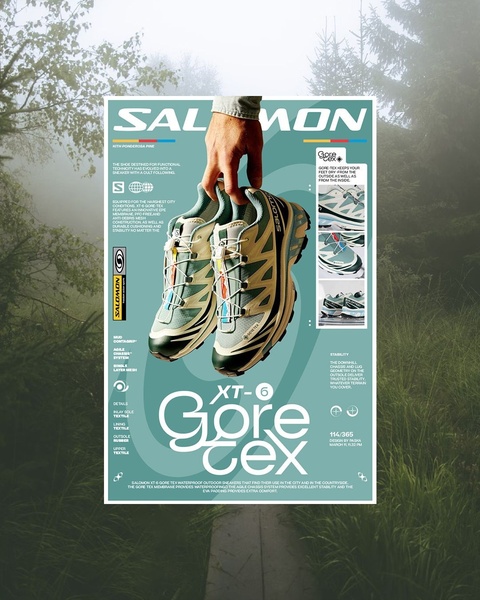This ad creative uses a clean, magazine-style layout to present technical product details, features, and materials for a high-performance running shoe.