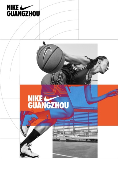 A high-energy basketball shoe ad featuring a player mid-action, utilizing bold geometric overlays and color-blocked branding.