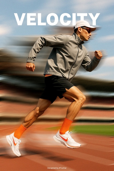 A high-energy, motion-blurred shot of an athlete in mid-stride, emphasizing speed and athletic performance for footwear marketing.