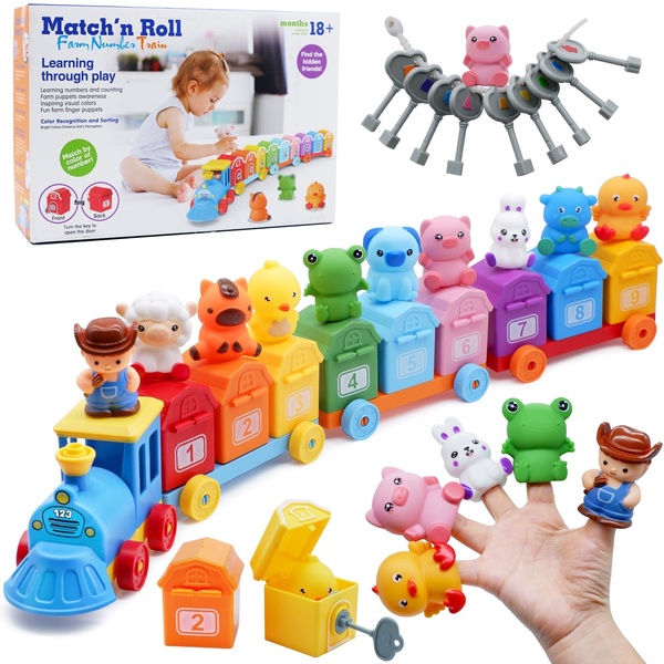 A split-view layout showing the packaging and the full modular toy set including finger puppets and number-coded train cars.