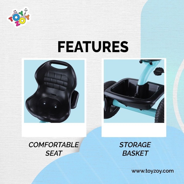 A clean, dual-panel display highlighting the ergonomic seat and storage capacity of a children's tricycle.
