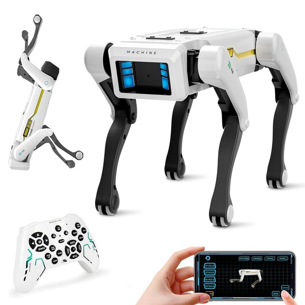 A high-clarity product shot of an interactive robot dog paired with its physical controller and a mobile app interface to highlight connectivity.