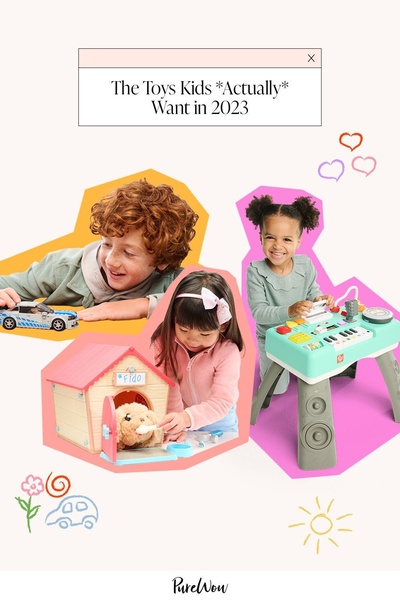 A collage-style creative featuring multiple toy products used by happy children, framed with hand-drawn doodles to create a playful, relatable aesthetic.