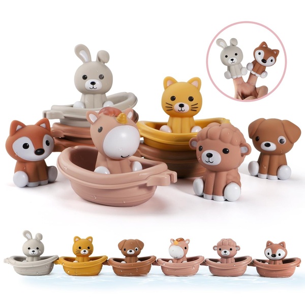 A high-clarity 1:1 ratio product display featuring six unique animal bath toys in floating boat accessories with a circular finger-puppet demo inset.