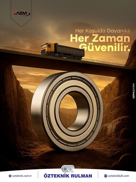 A high-quality ball bearing supports a bridge carrying a heavy dump truck, symbolizing industrial strength and reliability.