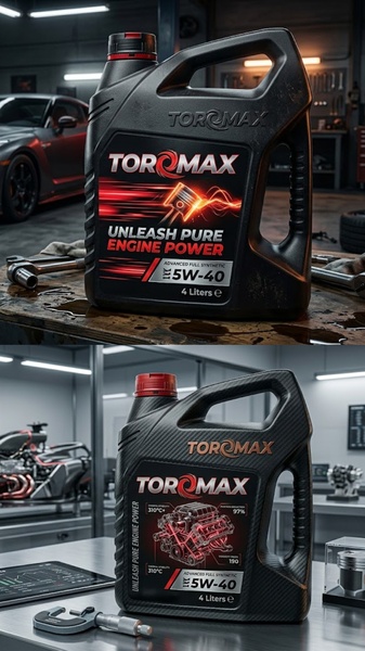 This creative showcases synthetic engine oil through a high-tech laboratory and garage aesthetic, emphasizing technical specifications and raw power.