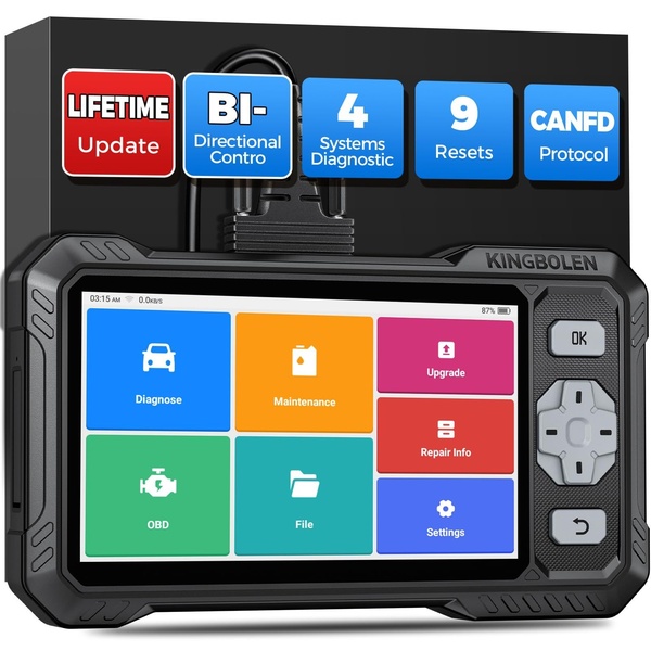 A high-contrast, informative product layout highlighting five core technical capabilities through distinct labeled icons for a diagnostic scanner.