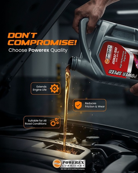 A high-impact product-in-use shot demonstrating the pour of engine lubricant directly into a car engine, highlighting key engine health benefits.