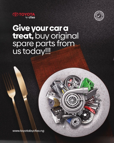 An imaginative ad creative featuring various engine spare parts arranged on a dinner plate, framed as a meal for a car.