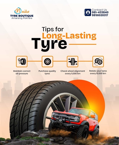 An educational infographic featuring maintenance tips for tyre longevity alongside a high-quality product image of a rugged off-road vehicle.