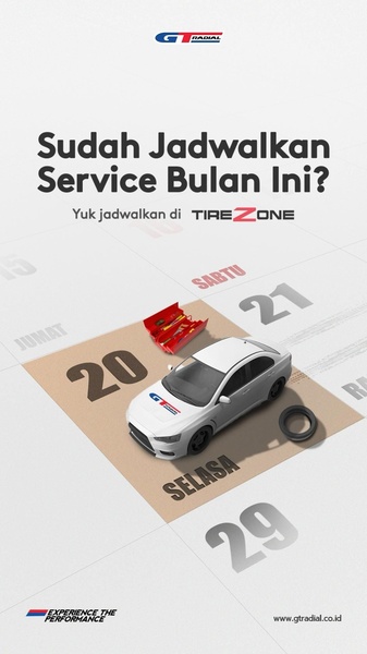 A calendar-themed graphic prompting customers to schedule their monthly tire service at the brand's designated service center.