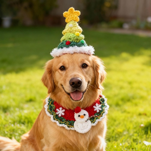 A high-quality studio-style shot of a Golden Retriever wearing a crocheted Christmas tree hat and a snowman collar in a sunny outdoor setting.