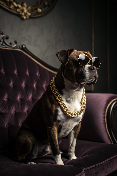 A high-quality portrait of a bulldog wearing sunglasses and a gold chain, captured in a dimly lit, luxurious lounge setting.