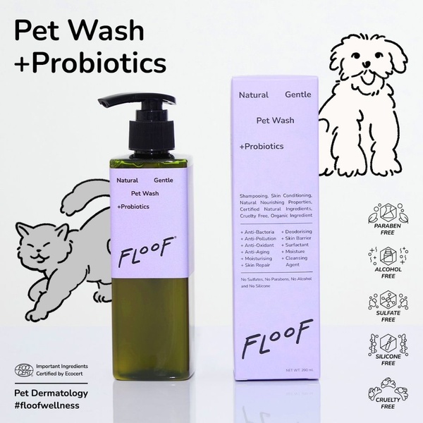 A clean, high-contrast ad creative for a probiotic pet wash that uses bulleted benefits and simple hand-drawn illustrations to convey natural care.