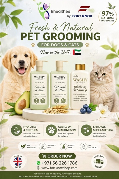 A clean, lifestyle-oriented ad featuring three pet shampoo bottles flanked by a dog and a cat, emphasizing natural ingredients and benefits.
