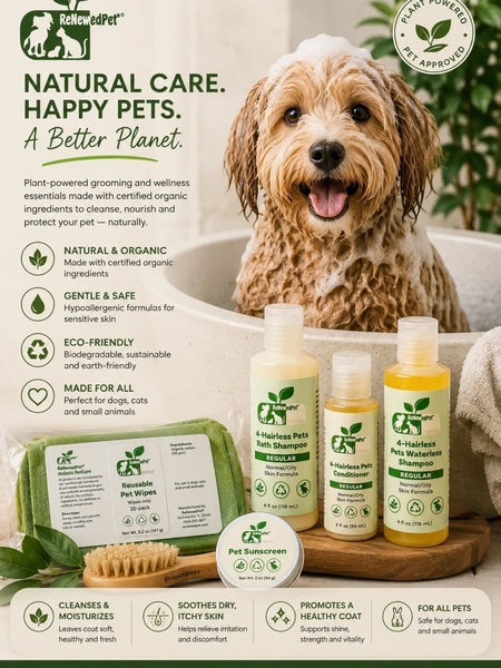 A high-quality product layout featuring natural pet grooming essentials alongside a happy, freshly-bathed dog to drive brand trust.