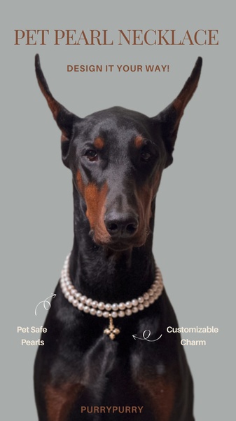 A high-end 9:16 vertical creative featuring a Doberman wearing a custom pearl necklace with clear callouts for pet safety and personalized charm options.