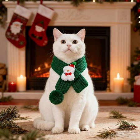 A festive, high-quality portrait of a white cat wearing a green knitted scarf with a snowman detail, set against a blurred holiday fireplace background.