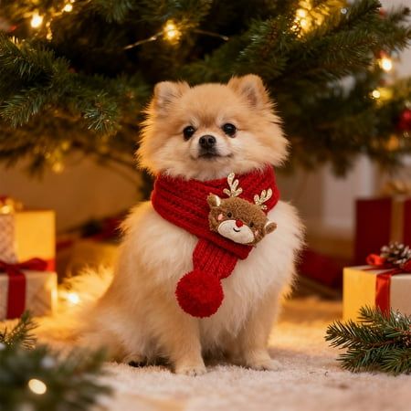 A close-up photograph of a fluffy Pomeranian wearing a red knitted scarf with a reindeer embellishment, set against a blurred, warm-lit Christmas tree backdrop.