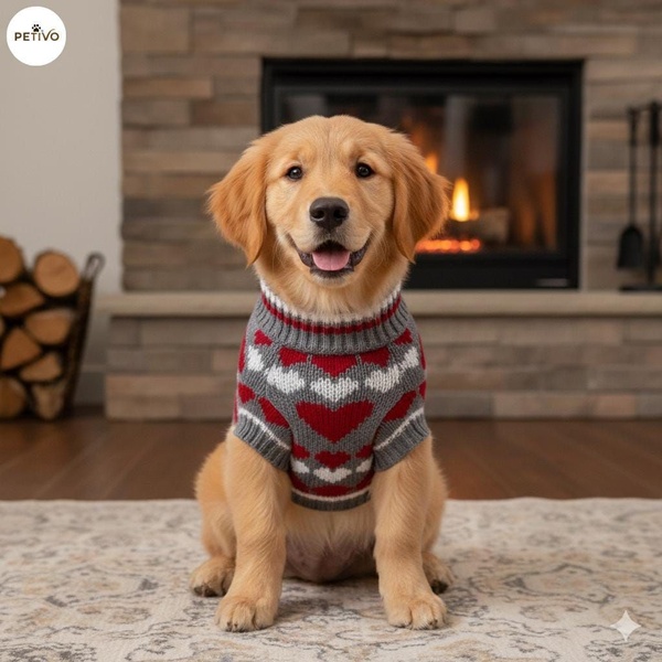 A high-quality hero shot of a Golden Retriever puppy wearing a red, white, and grey heart-patterned knitted sweater in front of a cozy indoor fireplace.