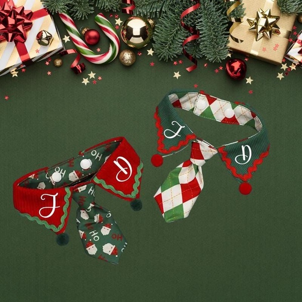 A high-quality 1:1 image showcasing two customized holiday-themed pet collars placed symmetrically against a festive Christmas background.