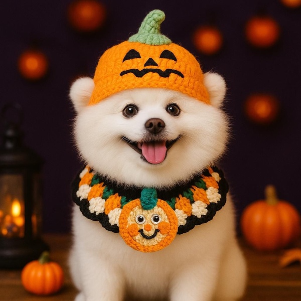 A high-quality close-up portrait of a fluffy white dog wearing a festive, hand-crocheted pumpkin hat and matching collar set.