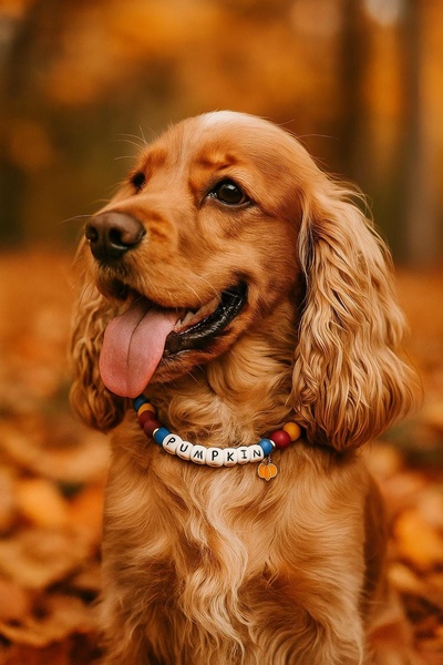 A close-up portrait of a spaniel wearing a personalized beaded collar, captured against a blurred, golden-toned forest backdrop.