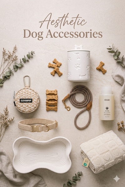 A high-quality, top-down flat lay arrangement of various dog accessories including a leash, collar, treats, and grooming supplies on a neutral textured background.