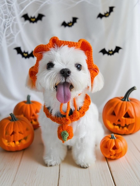 A high-quality image of a small white dog wearing a crocheted pumpkin hood, surrounded by small carved pumpkins and bats against a white backdrop.