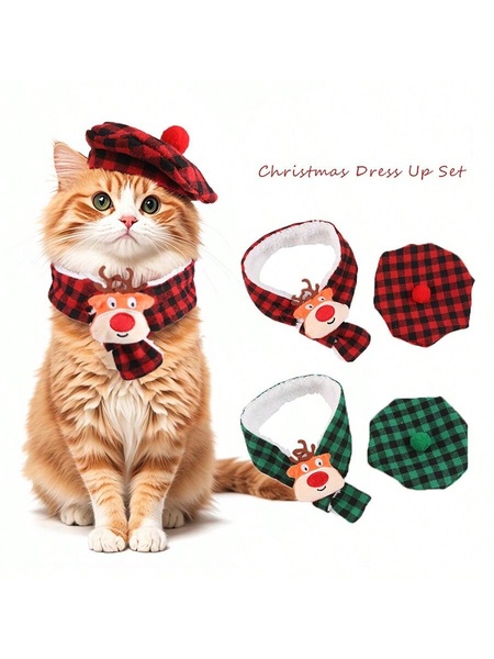 A high-quality product display featuring a cat wearing a red and black plaid beret and scarf, with additional color variants shown to the right.