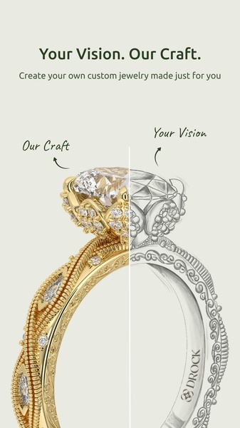 A side-by-side split-screen comparison showing the progression from an initial sketch of an engagement ring on the right to the finished, gold-set product on the left.