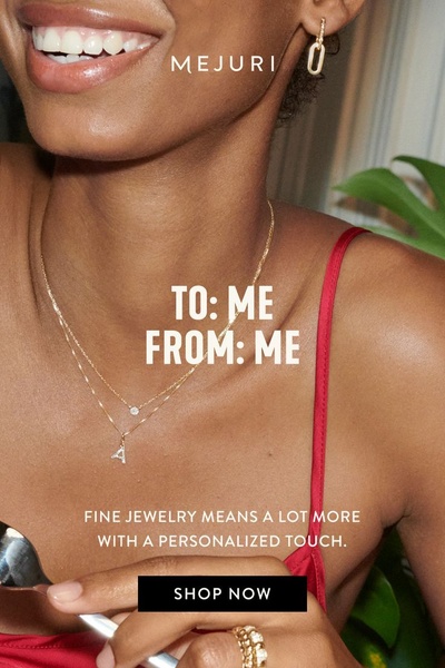 A close-up portrait of a woman wearing personalized gold jewelry with a clear, direct headline promoting self-gifting.