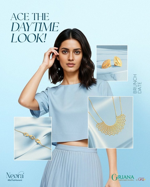 A high-end jewelry ad featuring a model showcasing gold earrings and a necklace, emphasizing a refined, minimalist aesthetic for daytime wear.
