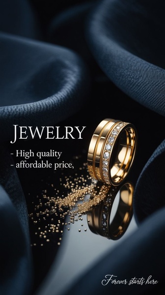 A high-end, close-up product photograph of a gold ring resting on a dark, reflective surface with gold dust particles.