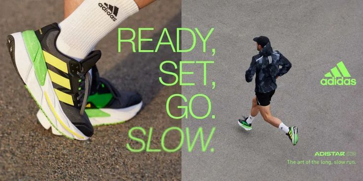 A split-view composition showing a close-up of a runner's shoe and a wide shot of a runner, highlighting the Adistar running sneaker.