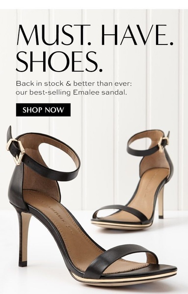 A high-conversion product ad featuring a pair of black high-heeled sandals on a white background with a clear headline and call to action.