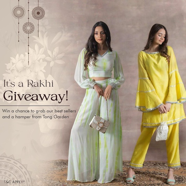 A lifestyle-focused social ad featuring two models in ethnic co-ord sets with a clear giveaway offer to boost brand engagement.