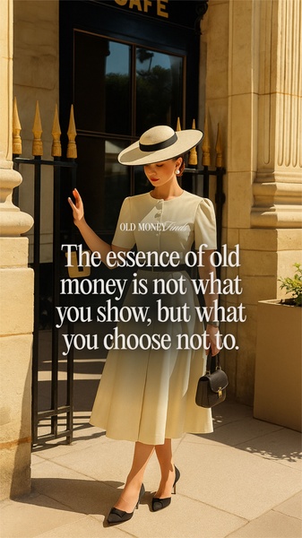 A high-end editorial shot of a woman in a cream dress against a classic backdrop, featuring a philosophical headline about understated luxury.