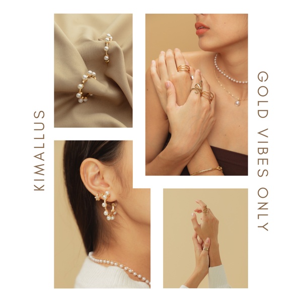 A refined multi-panel collage featuring gold pearl rings and earrings, emphasizing a premium brand aesthetic through warm tones.