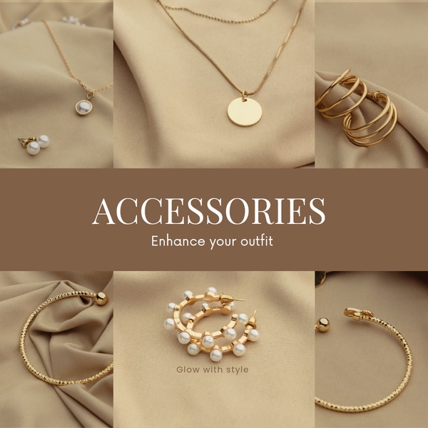 A high-end, clean-focused grid layout featuring multiple pieces of gold jewelry on soft, draped fabric backgrounds.